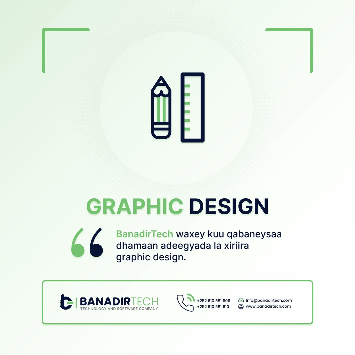 BanadirTec's tweet photo. Waa arin muhiim ah in uu ganacsigaaga lahaado sumad u gaar ah oo soo jiidata macmiisha, BanadirTech waxey kuu qabaneysaa dhamaan adeegyada Graphic Design-ka la xiriira, hadaba si aan adeeg heer sare ah kuugu qabano, nagala soo xiriir Whatsapp: +252 61 0581909 
#GraphicDesign https://t.co/VnoyZqd9FZ