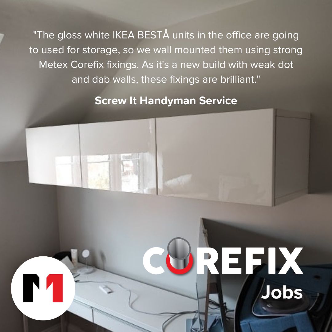 MetexOnline's tweet image. Another #Corefix job done! Screw It Handyman Service from Dunstable mounted these IKEA cabinets to a new build dot &amp;amp; dab wall using our Corefix fixings 👇