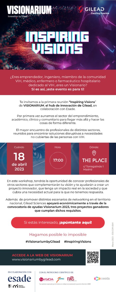 esadeEEI's tweet photo. 📢 Calling all innovators!
Do you have a groundbreaking idea that can change the lives of #HIV patients? Join #VisionariumbyGilead and turn your vision into reality! Join @GileadSciences tomorrow in Madrid
#Call4Startups 👉 https://t.co/yqRWLUrdtw https://t.co/nrRPwtvqQC