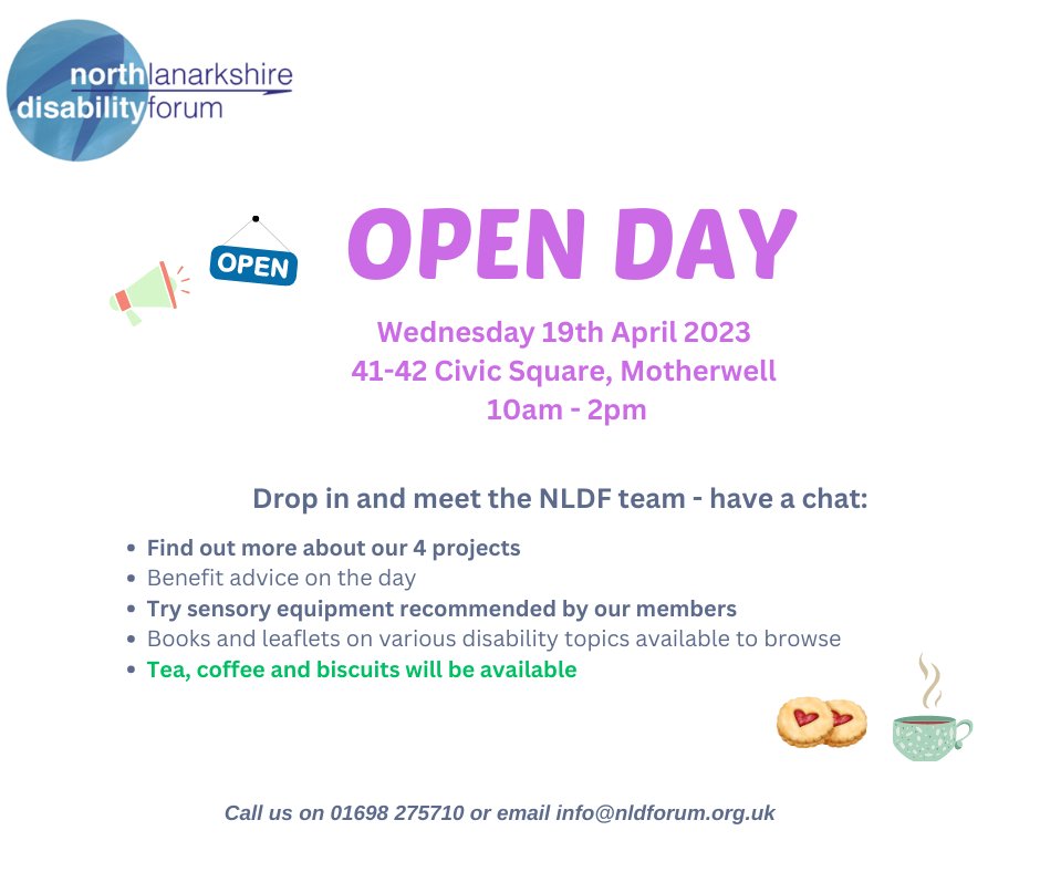 A wee reminder that our OPEN DAY is taking place this week - 19th April 2023 - 10am - 2pm in our office in Motherwell 
Everyone welcome :) 
Please spread the word about our Open Day :)