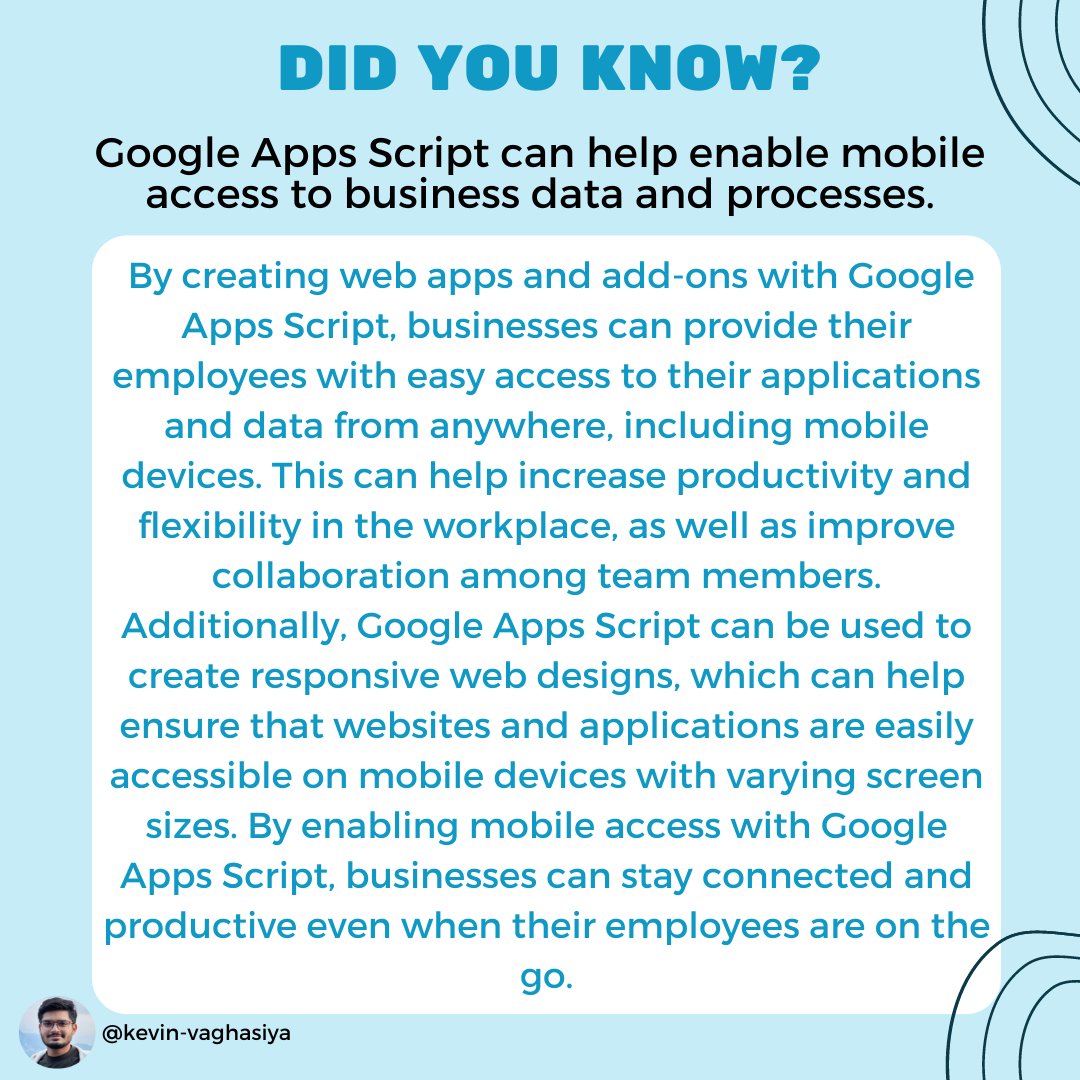 KevinVaghasiya5's tweet image. Google Apps Script can help enable mobile access to business data and processes.
#googleappsscript #mobileaccess #BusinessDataEntry #teamcollaboration #responsivewebdesign #Mobile #connectivity #godigital #StayConnected #business #data #Google #help #automations #Productivity