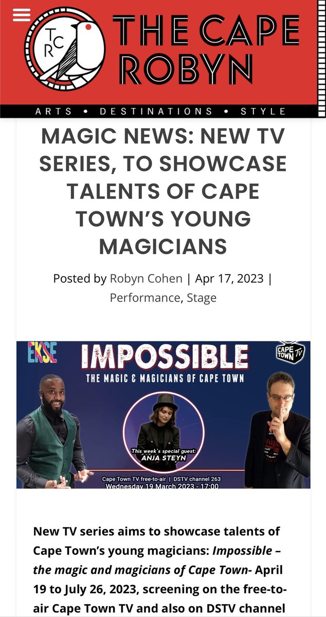 #magic - #Free if you live in Cape Town. If not, it’s on <a href="/DStv/">DStv</a> 
<a href="/AlexanderMay_1/">Alexander May</a> #VR

Impossible – the magic and magicians of Cape Town- <a href="/capetowntv/">Cape Town TV</a> #Ekse Youth channel- every 2nd Wed from - April 19 (until July 26) at 5pm. 

See thecaperobyn.co.za/magic-news-new…