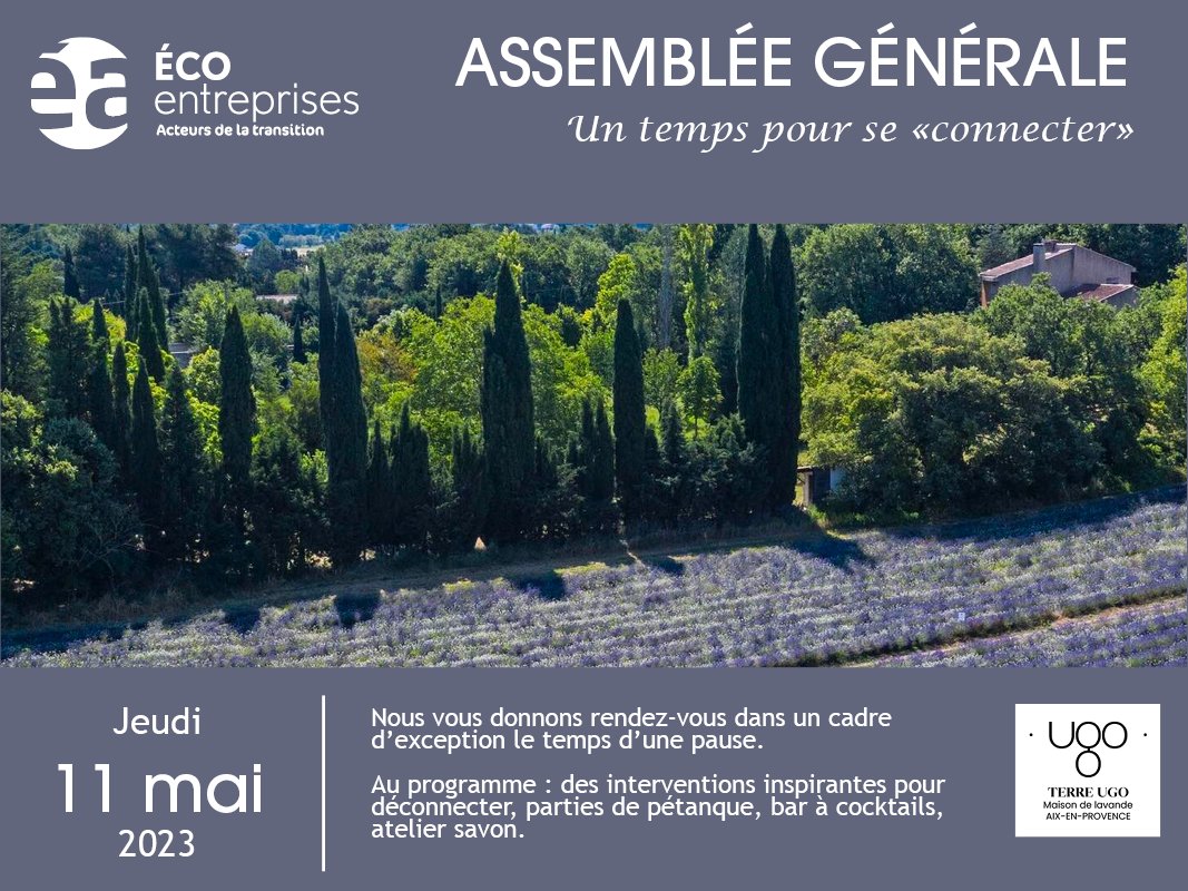 [ASSEMBLÉE GÉNÉRALE]
Toute l'équipe et le Bureau vous attendent nombreux le
📅 11 mai à 9h
📍 Terre Ugo I AIX EN PROVENCE

Au programme, des présentations inspirantes, pétanque et bar à cocktails.

Au plaisir de vous accueillir !

&gt;&gt; INSCRIPTIONS : lnkd.in/e9SctjDq