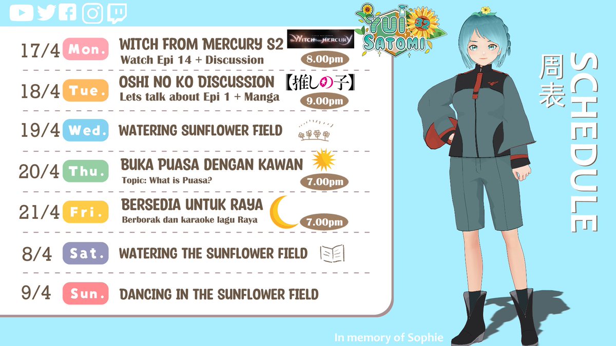 This week's schedule is here ~
Lots of discussion and trying fasting for 2 days before Hari raya ☺️ 
#Vtuber #ENVtuber #VtuberUprising #witchfrommercury #oshinoko_anime #puasa #yuiisprettyflower