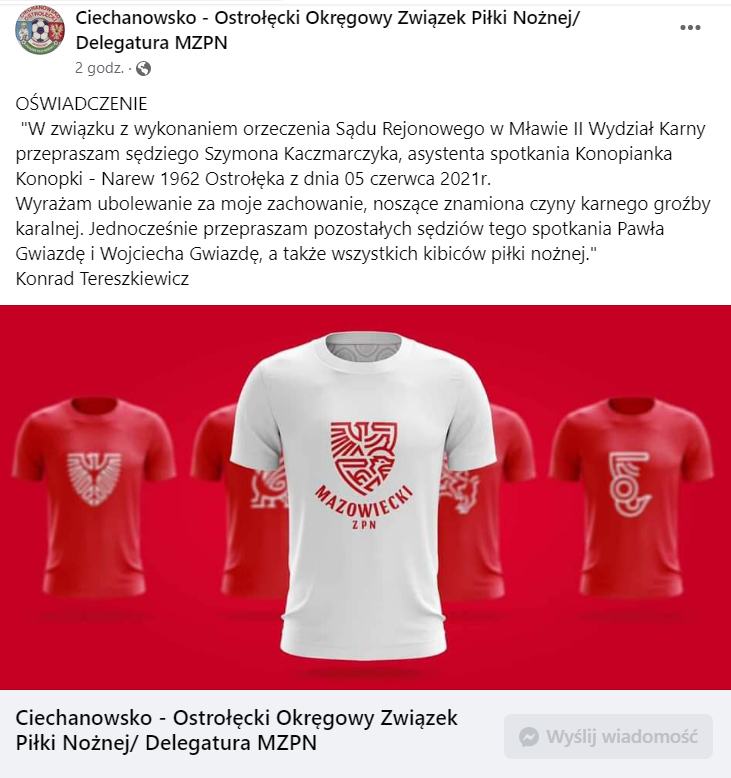 zawodsedzia's tweet photo. W 2021 roku zawodnik po obejrzeniu czerwonej kartki groził sędziemu. Sprawa trafiła do sądu, gdzie sprawiedliwości stało się zadość. #SzacunekDlaArbitra musi być, tak samo jak do każdej innej osoby. Walczmy o swoje, jako środowisko, które jest zdecydowaną mniejszością w futbolu. https://t.co/rJ4uhIyCSC