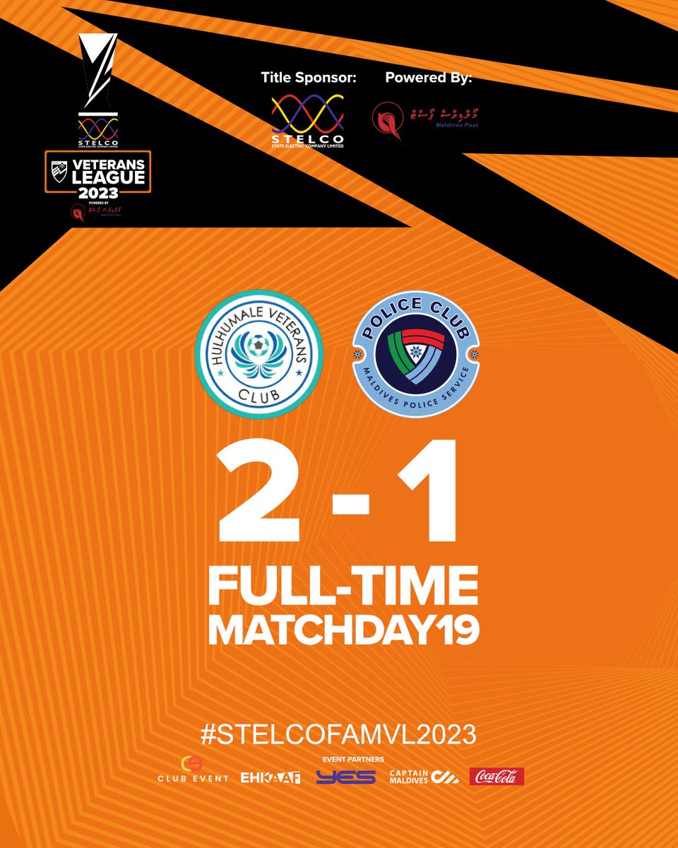 #STELCOFAMVL2023MD19  Full-time
#HulhumaleVeteransClub 2
#PoliceClub 1
.
#STELCOFAMVL2023 #famveteransleague2023 #famveterans #FAMVL2023 #PowerdByMaldivesPostLtd
