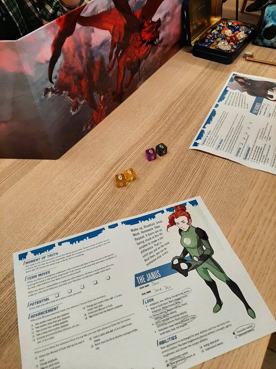 carimagadias's tweet photo. #MasksANewGeneration is as much fun as I had imagined! I'm so happy I took the detour to Santarém yesterday and got the chance to play a new #ttrpg at a new city with new (super cool) people 🥰

#2023ttrpgcounter = 9

The two pairs of 6s were the first 2 rolls of the session 😂 https://t.co/0teh3N531r