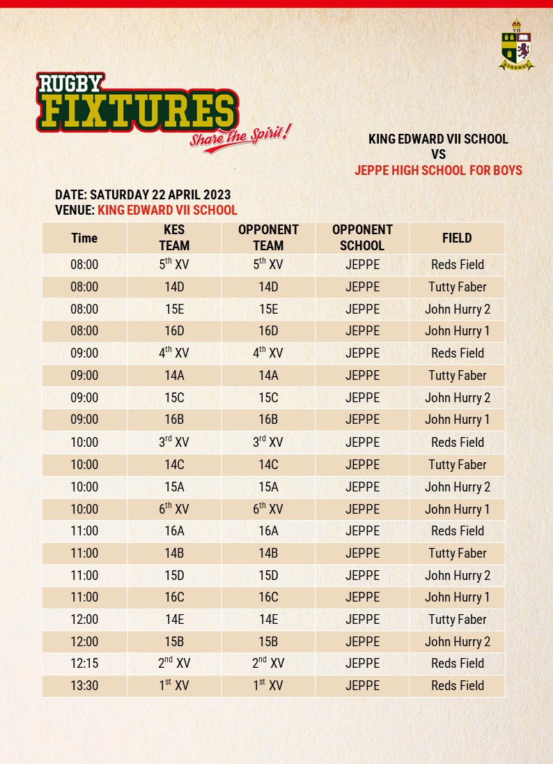 KingEdVIISchool's tweet photo. Derby Day - @KingEdVIISchool   vs @jeppeboys for Boys 22 April 2023

We look forward to hosting all the KES &amp; Jeppe fans and families.

Please show our #redspirit and come and support all the boys.

1st XI Hockey – 10h30
1st XV Rugby - 13h30

We are RED! GO SCHOOL.

#Strenue https://t.co/NZKUDPN8rw