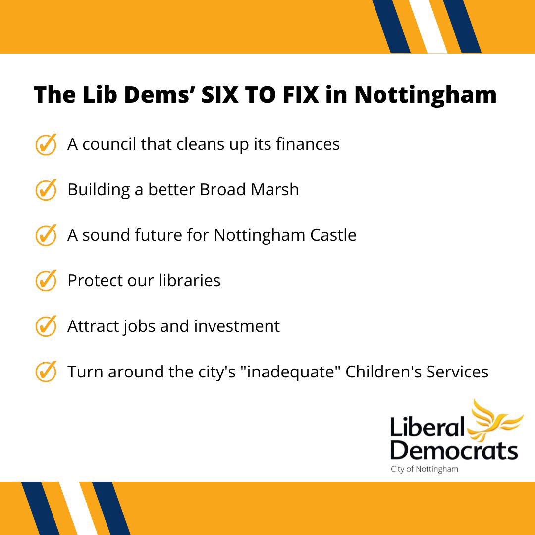 Today we have launched a statement of priorities as part of our 2023 local election campaign. Read full details of our Six To Fix in Nottingham here:
nottinghamlibdems.org.uk/local-election…