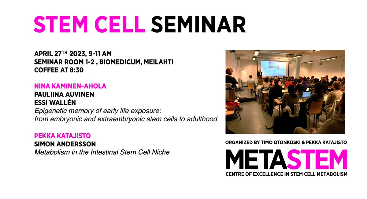 Welcome to the Stem Cell Seminar on April 27th 9-11 am in Meilahti. This time talks on Epigenetic Memory in the Early Embryo by @kaminenahola group and the Intestinal Stem Cell Niche by @KatajistoLab Coffee and networking at 8:30 @HiLIFE_helsinki @STEMMProgram @BIOTECH_UH https://t.co/yk1EVbxvST