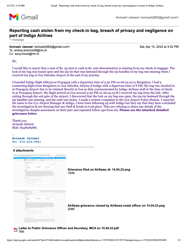 avinash_jais's tweet photo. As I flew Indigo Airlines from Prayagraj to Goa, cash Rs. 32,000 was stolen from my suitcase. Bag's lock was unlocked and zip tie securing the zips had been removed when I collected it at Goa. Indigo is denying any wrongdoing. Pl. have a look @JM_Scindia @MoCA_GoI @AAI_Official https://t.co/2dZA656uHJ