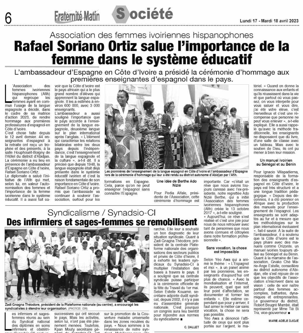 RafaSorianoO's tweet photo. Association des Femmes Ivoriennes Hispanophones #AFIH. Hommage aux premières enseignantes d'espagnol dans le pays. Sur @fratmat ⬇️📰 https://t.co/QQ0psmFvA1