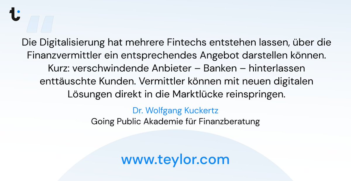 Die Digitalisierung bietet Chancen für Finanzberater im Segment Mittelstandsfinanzierung. Cash-online hat dazu den Experten Wolfgang Kuckertz befragt: cash-online.de/a/mittelstands…

Werden Sie Teylor-Partner: +49 7531 5848130.

#Fintech