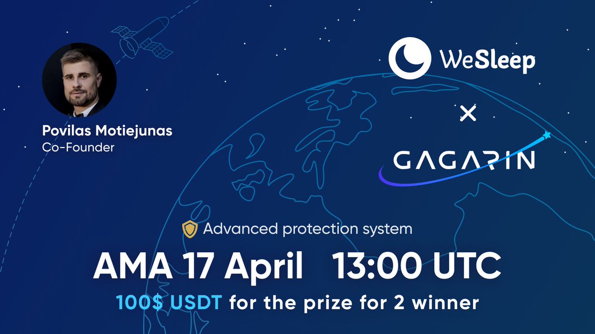 GAGARIN Launchpad (@gagarin_world) on Twitter photo 📣 AMA Announcement 📣
At 13:00 UTC in the #GAGARIN chat begins AMA with representative of <a href="/WeSleepOfficial/">WeSleep | Pre-Beta LIVE</a>!
🎁 #Contest with a $100 prize is LIVE NOW!
📌 Ask your question with tag #AMA in the comments to the post and participate in the contest.
#web3 #gleam #AskWIN 📣 AMA Announcement 📣
At 13:00 UTC in the #GAGARIN chat begins AMA with representative of <a href="/WeSleepOfficial/">WeSleep | Pre-Beta LIVE</a>!
🎁 #Contest with a $100 prize is LIVE NOW!
📌 Ask your question with tag #AMA in the comments to the post and participate in the contest.
#web3 #gleam #AskWIN