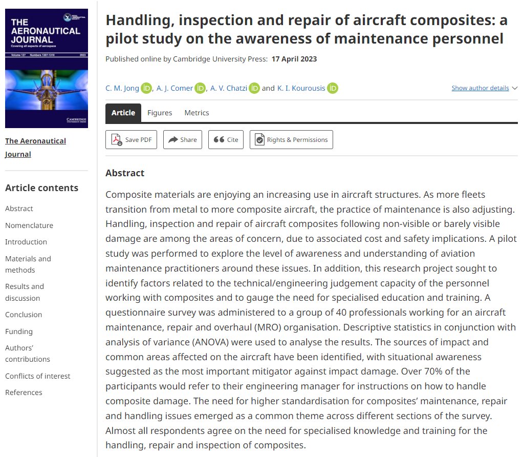 Handling, inspection and repair of aircraft composites: a pilot study on the awareness of maintenance personnel - @AeroSociety @CUP_SciEng Aeronautical Journal
Full article accessed here: doi.org/10.1017/aer.20…

#aviation #composites #humanfactors #maintenance