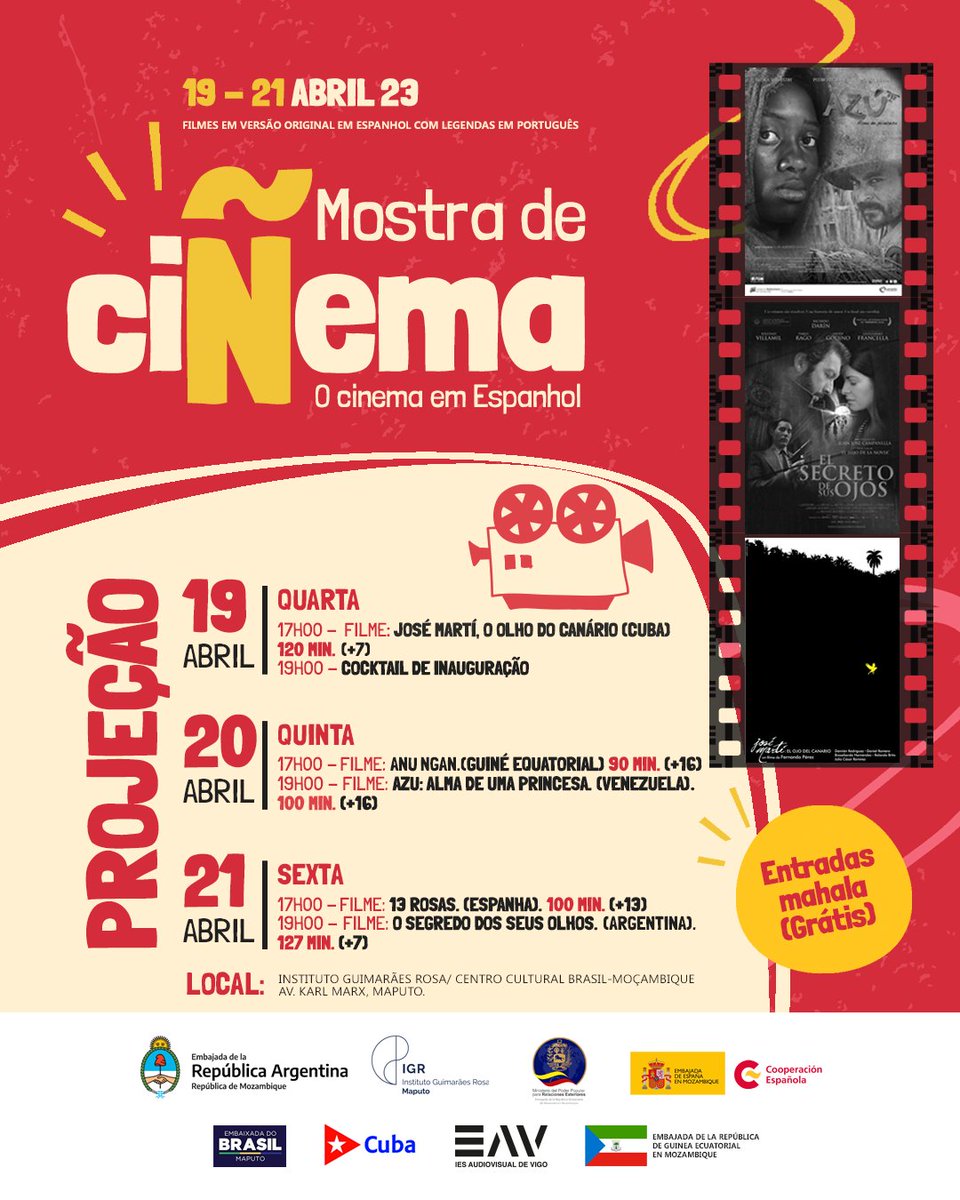 📽️A 1ª Mostra de CiÑema, encerra com o filme da Argentina🇦🇷, "O Segredo dos seus olhos", ganhadora de um Prémio Óscar.
📆21 de Abril às 19horas
📍Instituto Guimarães Rosa (CCBM)
Link ao trailer: youtube.com/watch?v=viV-OC…
🎞️Classif: +7

<a href="/MAECgob/">Ministerio de Asuntos Exteriores, UE y Cooperación</a> <a href="/AECID_es/">AECID</a> <a href="/InstCervantes/">Instituto Cervantes</a> <a href="/EavVigo/">CIFP AUDIOVISUAL VIGO</a>