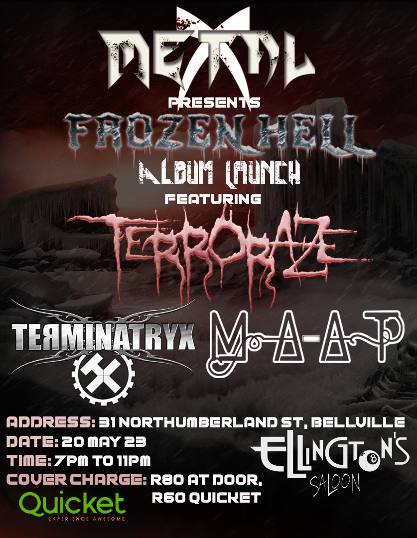 TERMINATRYX's tweet photo. Our next @TERMINATRYX live performance will be May 22nd at ELLINGTON'S with TERRORAZE for their album launch, as well as MA-AT.
Book at Quicket: https://t.co/V3h6kNSRXy

#Metal #LiveMusic #CapeTown #Terminatryx https://t.co/ZEkzLOnHP3