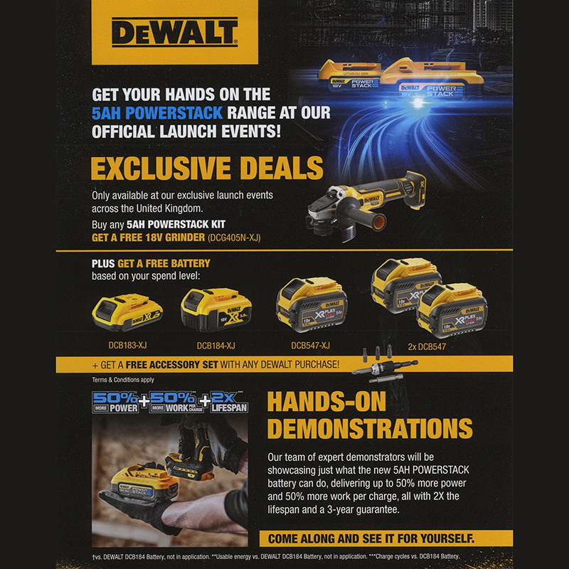 Dewalt Powerstack 5Ah Launch event!

Thu 27th April - 9:00am -  3:00pm
73-81 Heath Rd, Twickenham, TW1 4AW
Get your hands-on the 5AH #Powerstack range, plus Exclusive Deals. More details: bit.ly/3o7NNxT.  #dewalt #joiners #carpenters #