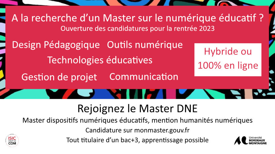 Vous vous intéressez aux métiers du numérique éducatif, de l’ingénierie pédagogique et de concepteur elearning ? #elearning 
<a href="/ISIC_MasterDNE/">ISIC_MasterDNE</a> <a href="/UBMontaigne/">Université Bordeaux Montaigne</a>
En savoir plus sur la formation : bit.ly/PresDNE
Candidature jusqu’au 18/04 : bit.ly/MonMaster-DNE
