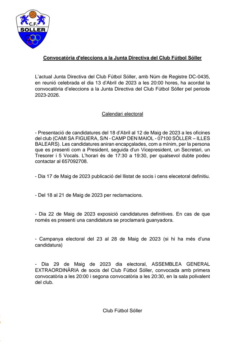 🚨 COMUNICAT OFICIAL Convocatòria d'eleccions a la Junta Directiva del Club Fútbol Sóller ⚪🔵 UN POBLE, UN EQUIP