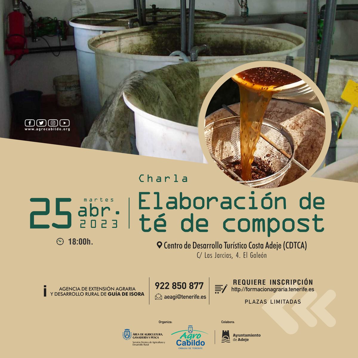 AgrocabildoTfe's tweet image. 🌿 Elaboración de té de compost ⤵️

📅 Martes, 25 de abril.
📌 Centro de Desarrollo Turístico Costa Adeje (CDTCA) - C/Las Jarcias, 4. El Galeón.
🕠 A las 18:00h.

📲 Inscripción: bit.ly/3oloyrY

#ExtensiónAgraria #tédecompost #agriculturaecológica #agriculturaecológica