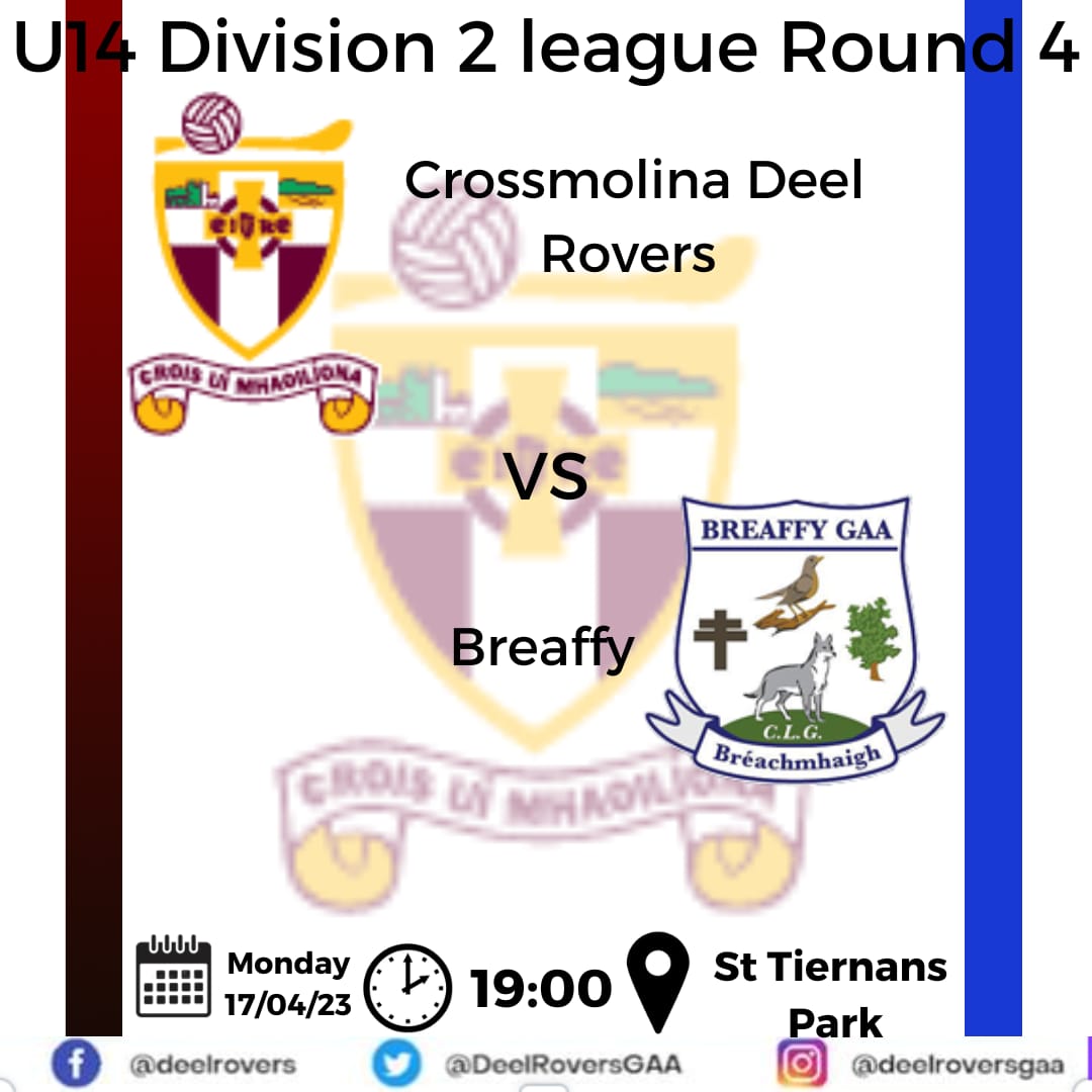 DeelRoversGAA's tweet image. A home game for our U14 @DeelRoversGAA team against @BreaffyGAA this evening at 7. Come and support the team if you can. #gaa #club
