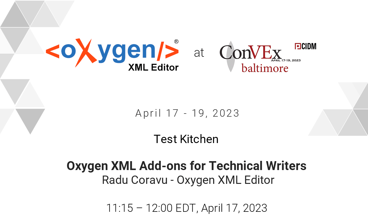 Also, later in the day, <a href="/radu_coravu/">Radu Coravu</a> will conduct our first test kitchen for this year's conference in which he will explore the useful add-ons for technical documentation writers, including the upcoming Oxygen AI Positron Assistant!

For more info, check oxygenxml.com/events/2023/co…