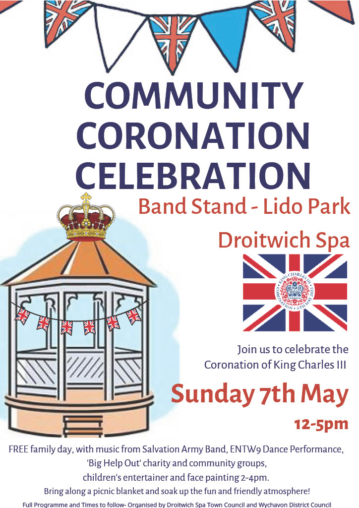Come and join us at the Droitwich Community Coronation Celebration on Sun 7th May 12 - 5. We'll have prizes to win on our bottle tombola, + flyers + boxes for anyone who is able to organise a collection for us. There will be lots of other activities going on for all the family!