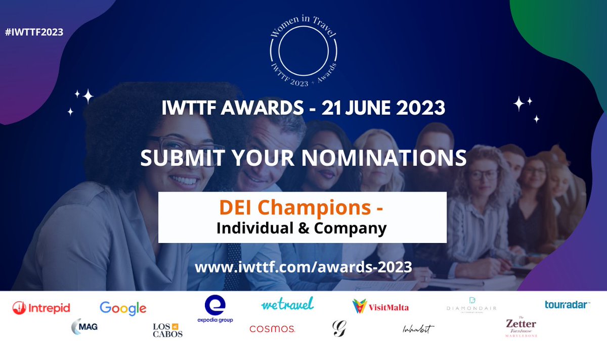 The IWTTF DEI Champion Award recognises those who are not only advocates for #DEI but also implement these ideas in their organisations &amp; beyond. Let's celebrate their achievements. Nominate now at iwttf.com/awards-2023 
#womenintravel #iwttf #iwttf2023 #awards #travelawards