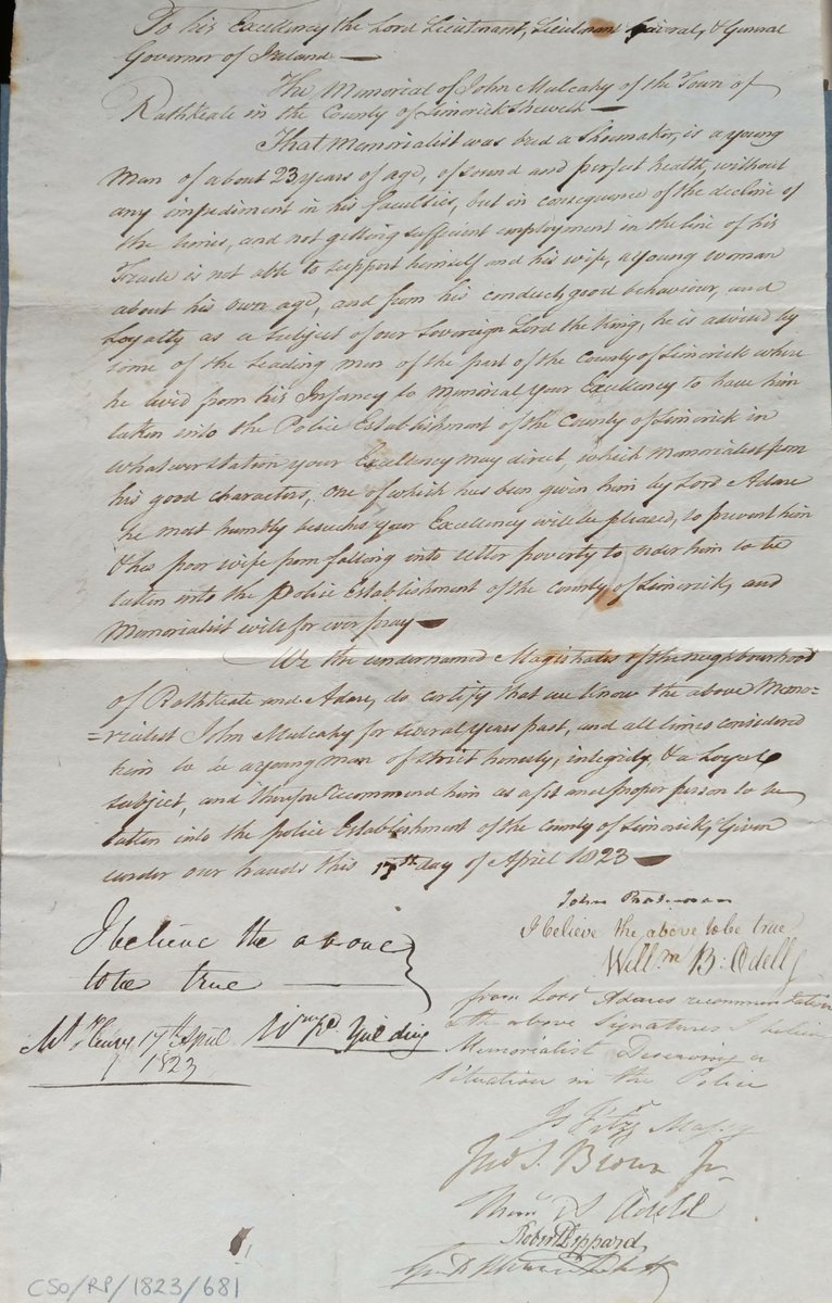 NARIreland's tweet photo. Our Chief Secretary's Office Registered Papers #CSORP cover all topics under the sun: 200 years ago #OTD John Mulcahy of Rathkeale asked Dublin Castle for a job in the County Limerick police force because of his difficulty of making a living as a shoemaker https://t.co/6XzuQWqaGd https://t.co/Ly5U7XGAWj
