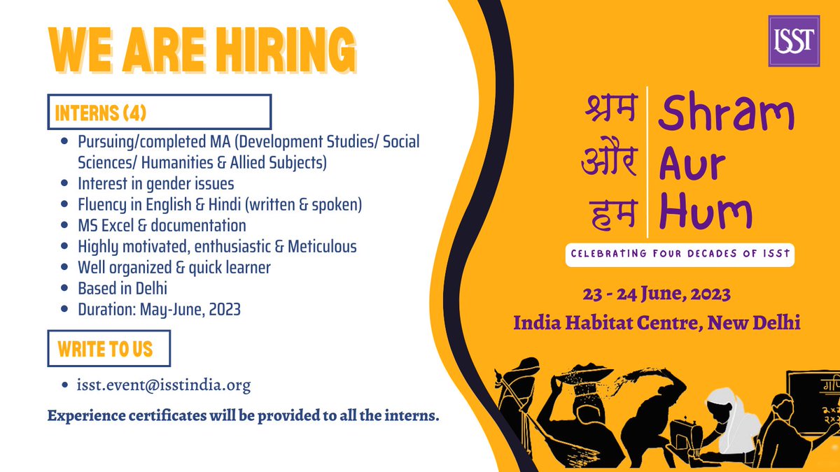 of_isst's tweet photo. #INTERNSHIPOPPORTUNITIES!!

ISST is hiring interns for its 2-day event, "Shram aur Hum", celebrating four decades of its journey.
📅May-June, 2023
📍Delhi
📩isst.event@isstindia.org

#APPLYNOW! 

#ISST2023 #Shramaurhum #isstat40 #celebratingisst #nonprofit #ngo https://t.co/T3Fu7IBRUF