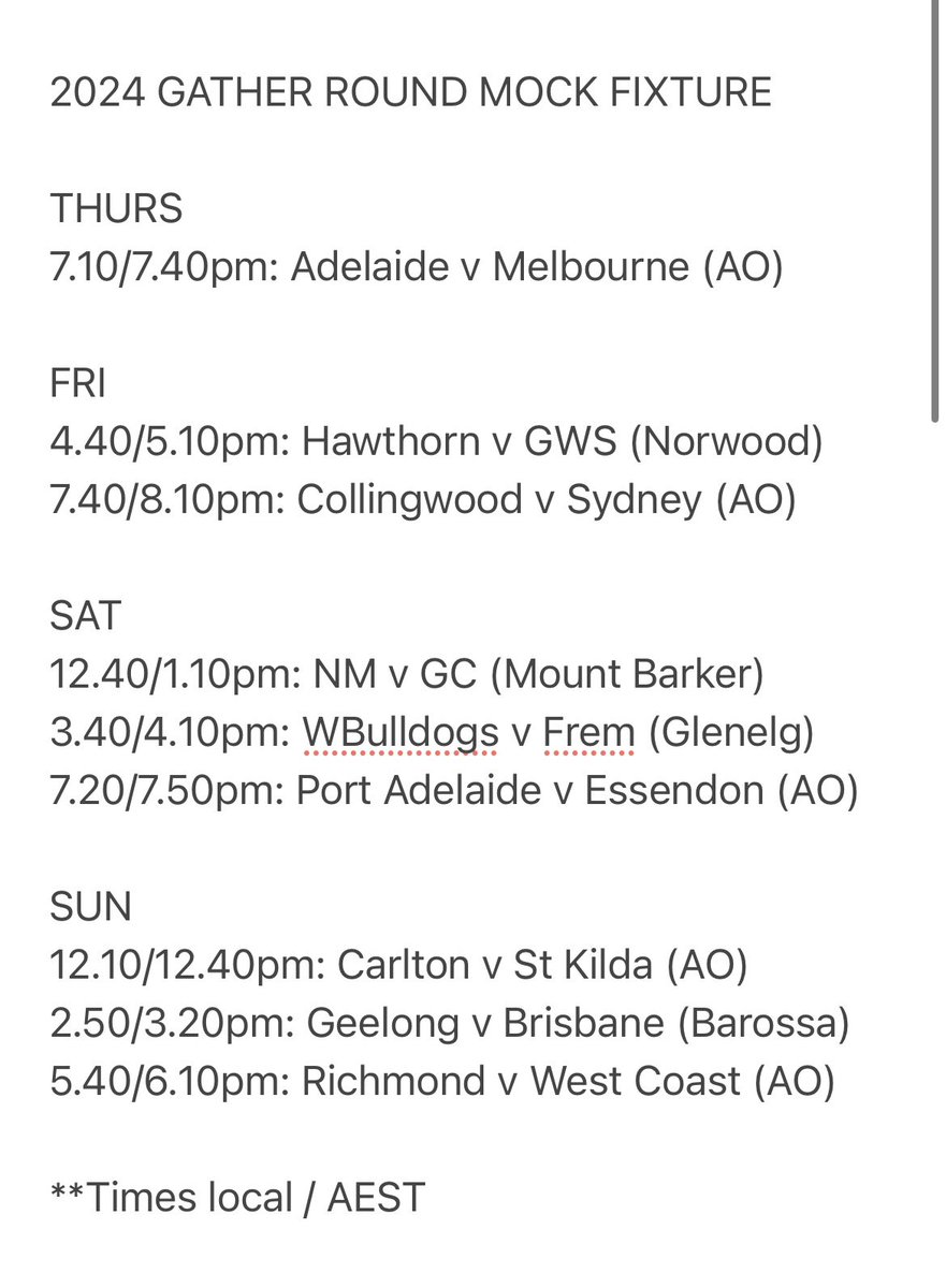 cleary_mitch's tweet photo. Exceptional start to the AFL’s Gather Round life in South Australia. 
Here’s a throw at the stumps for how the fixture should look in 2024. 
And why Glenelg and the Barossa should be part of festivities https://t.co/CnYVhatdPj