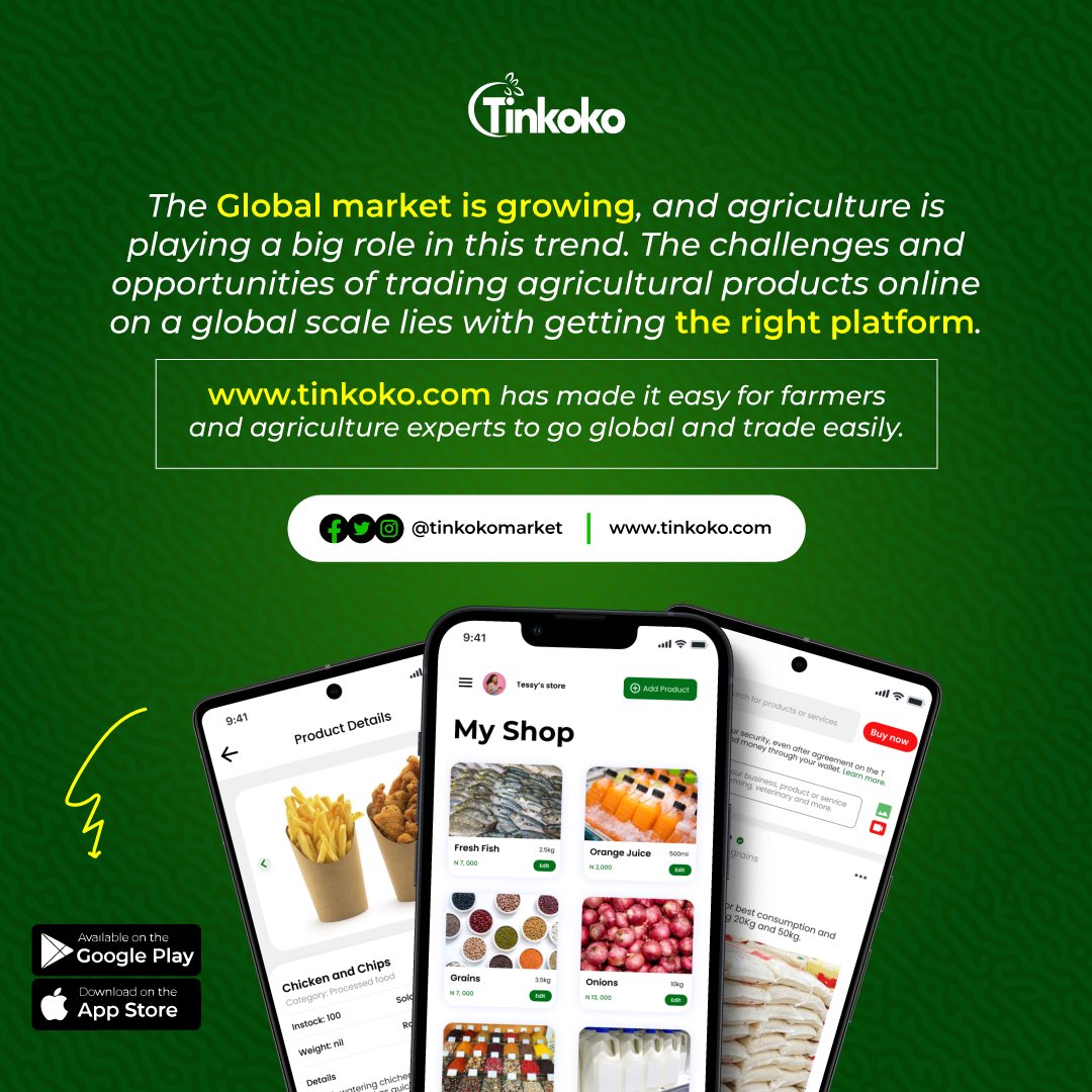 Tinkokomarket's tweet photo. The Global market is growing, and agriculture is playing a big role in this trend. The challenges and opportunities of trading agricultural products online on a global scale lies with getting the right platform.

https://t.co/2GQi2wsq3s has made it easy for farmers and agriculture experts to go global and trade easily.

Visit our website at https://t.co/BV4zvq6KEH or download our mobile app from apple or google play store to get started.
.
.
#agriculture #ecommerce #agro #buy #buyandsell #foodandbeverage #restaurant #business #businessowner #veterinary #spice #restaurant #farm #farmers #fishfarming #fishfarminginnigeria #poultry #poultryfarm #poultryfeed #vegetables #foodbusinessstartups #fruits #everythingagriculture #farmbusiness #agronomy #tinkoko #tinkokomarket #naijafarmers #naijaagricbusiness  #nigeriafarmers