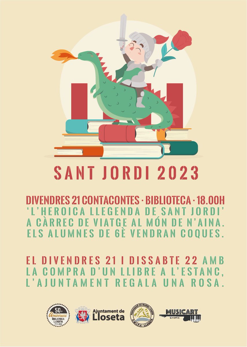 Divendres 21 tindrem el Conta Contes! Aquest mes, com no podia ser d'una altra temàtica, ens contaran l'heroica llegenda de sant Jordi 🐉🌹 a càrrec de Viatge al món de n'Aina 🌎