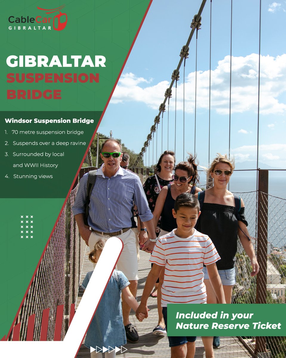 CableCarGib's tweet photo. Only a short walk downhill from the Cable Car Top Station the Windsor Suspension Bridge is one you won't want to miss! Pre-purchase your Cable Car ticket together with Nature Reserve ticket for entry https://t.co/puTLz0FOIU

#CableCarGibraltar  #VisitGibraltar https://t.co/lR6OM2Arr3
