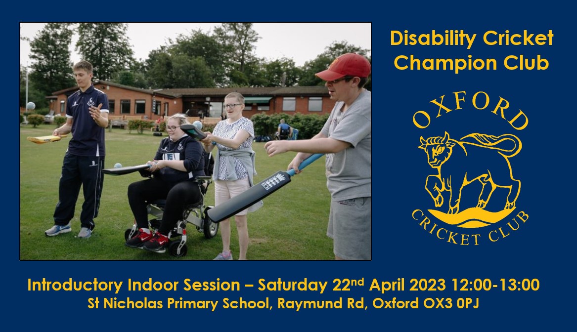 Our first Disability Cricket session is this Saturday, indoors in Marston.

No charge and all are welcome. Sign up here. forms.gle/Zym8U3oo3JYZft…

#cricketis4everyone
#bethedifference
#occsuperstars

<a href="/OxonDisCric/">Oxfordshire & Lords Taverners Disability Cricket</a>