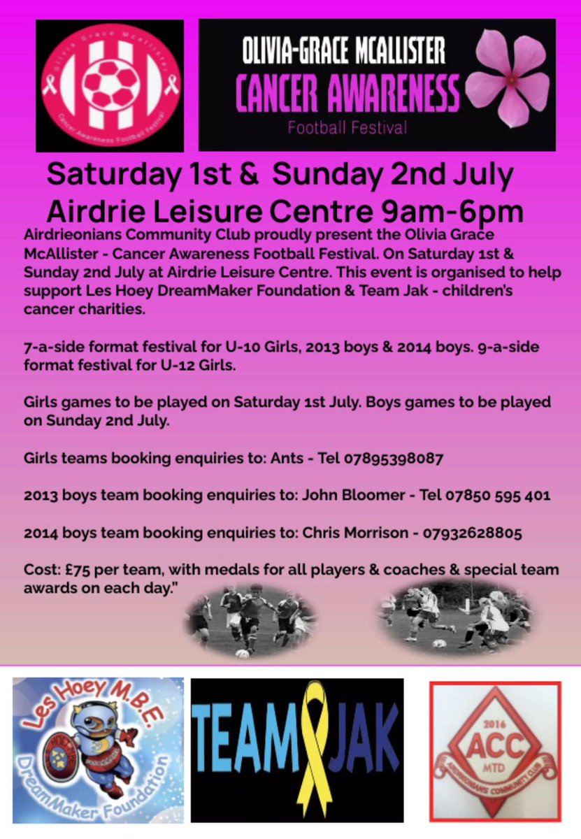 So it's official! The Olivia-Grace McAllister Cancer Awareness festival will be taking place July 1st and 2nd  to help raise funds for two charities who do great work to help kids with cancer .
Any teams fancy joining please get in touch for a great cause ❤️🙏