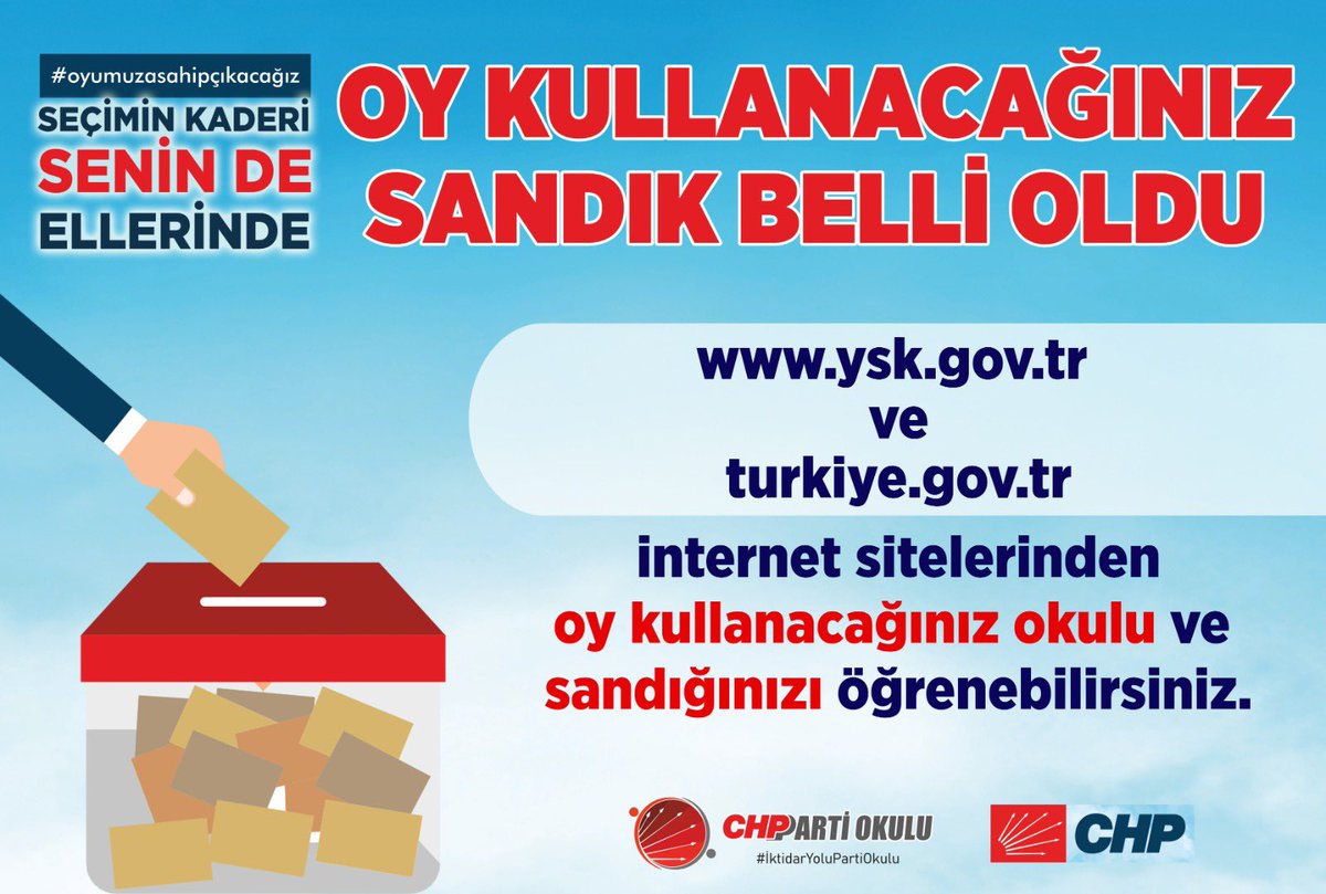 Yurt içinde hangi sandıkta oy kullanacağınızı öğrenmek için:
turkiye.gov.tr/yuksek-secim-k… 
veya
secmen.ysk.gov.tr/secmen-yurtici
