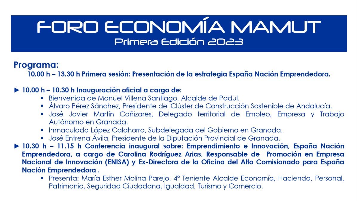 PadulViva's tweet photo. Mañana a las 10.00 AM se inaugura la primera edición del Foro de #EconomíaMamut de #Padul una oportunidad para conocer la estrategia nacional en materia de fomento y apoyo al #Emprendimiento y  la realidad del ecosistema #Emprendedor a nivel de la provincia de #Granada https://t.co/nKTBWIj3C1