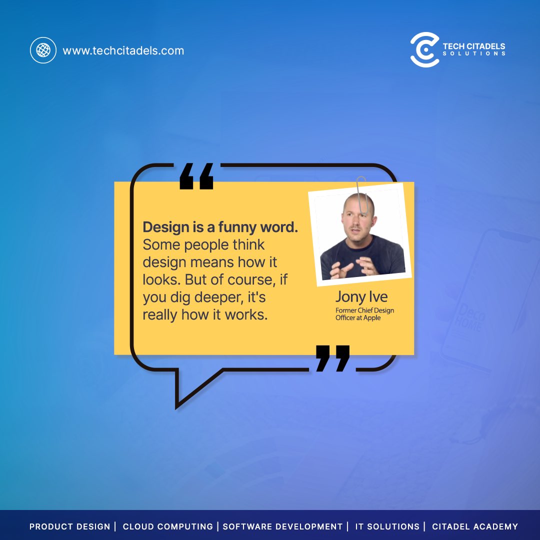 TechCitadels's tweet photo. It’s a new week and we can’t be more #grateful 🎉🎉

According to John Ive, a former #ChiefDesigner at Apple - Design is a funny word.

Don’t forget we are your #one-stop hub for all IT solutions. 

Have a #great week ahead. 

#creativedesigner #technology #techdevelopment https://t.co/Lu6Ghc6bYP