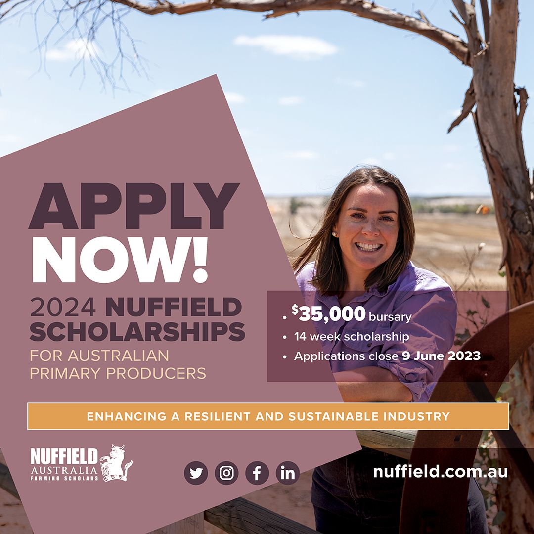Applications are now open for the <a href="/nuffieldaust/">Nuffield Australia</a> Scholarship program! 👩‍🌾
To be considered for a 2024 scholarship, you need to apply in 2023.
Applications close on Friday 9 June 2023.
For more information and to apply visit ➡️ buff.ly/3fhYreB
