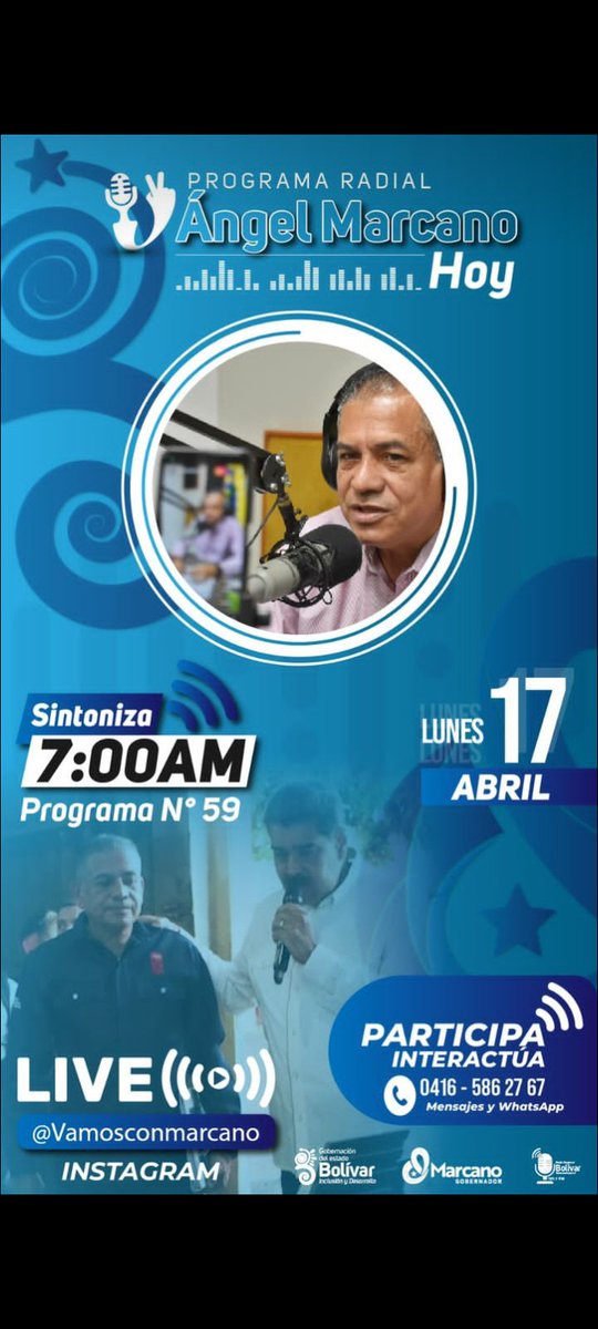 Escuchemos a nuestro Gobernador del Bolívar @amarcanopsuv @NicolasMaduro en Bolívar Renace se ve se siente el cambio en nuestro estado #LogrosEnRevolución sintonizalo desde las 7am live Instagram @VamosconMarcano