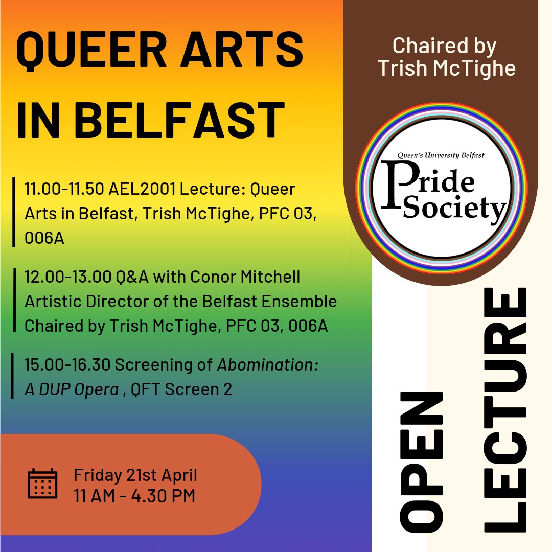An open lecture chaired by Trish McTighe on the 'Queer arts in Belfast' is available to attend by our society. The full class is from 11am-4.30pm including a lecture, Q&amp;A and a screening. Full details on the post. Hope to see you there 🙂