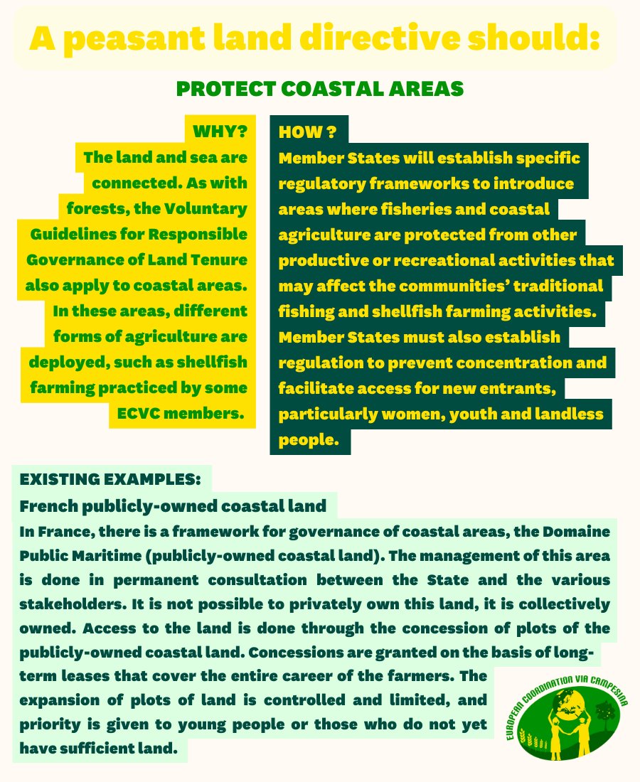 A land directive also has to protect coastal areas and communities’ traditional fishing and shellfish farming activities, as recommended by the VGGTs. Public ownership and stakeholder consultation should be used to facilitate small-scale farming and new entrants.