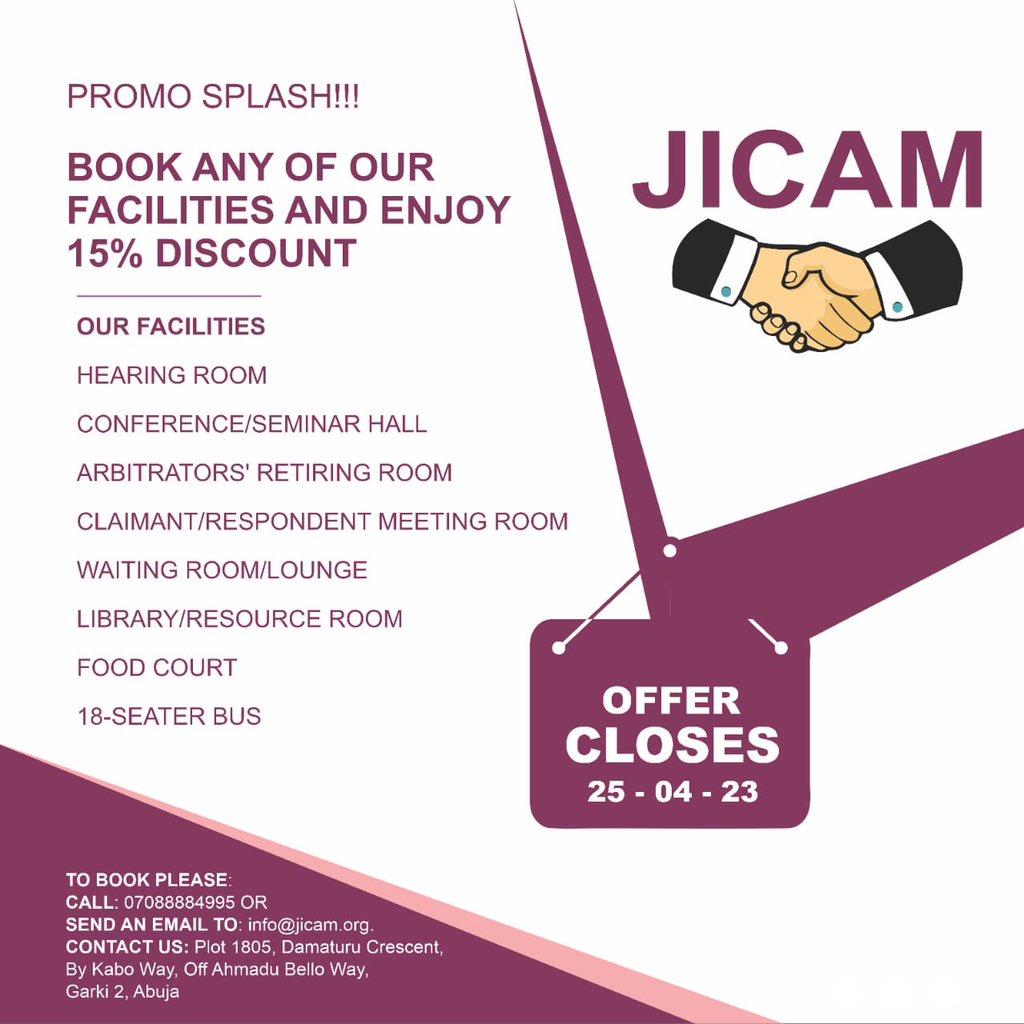 Enjoy 15% discount on all our facilities
To book any of our facilities, please click here: bit.ly/3TtTq4d

You may also send us an email: info@jicam.org
Phone: 07088884995

Grab this opportunity now!