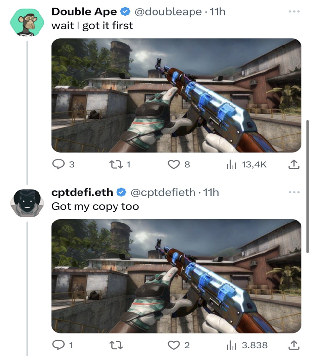 ohnePixel's tweet image. jpeg collectors trying to compare csgo skins to nfts has to be the most braindead thing on this app 💀