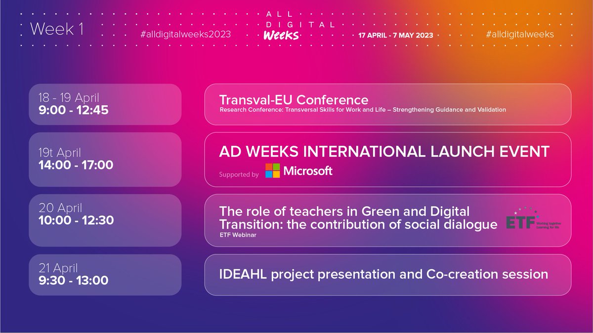 AllDigitalEU's tweet photo. 📢Check the #ADWeeks 2023 campaign events happening during Week 1 (17-21 April)! https://t.co/MUdUx0zLQT https://t.co/qxjlAYcUKH