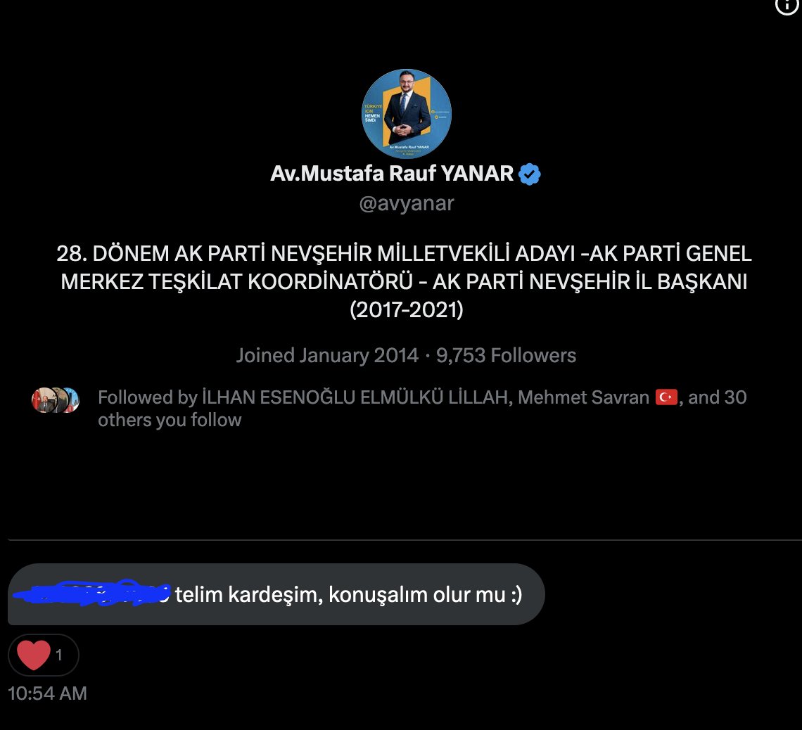 Bu gönderime iyi bakın <a href="/iyiparti_50/">İYİ Parti Nevşehir İl Başkanlığı</a> <a href="/RasimAri50/">Rasim ARI</a> ve <a href="/ahmeterdemli/">Ahmet Erdemli</a> eleştirdim diye hakaret falan yok beni engelledi. <a href="/avyanar/">Av.Mustafa Rauf YANAR</a> ise eleştirdim diye numarasını atıp görüşelim diye mesaj attı. #nevsehir #rasimarı #ahmeterdemli Vekil adayı nasıl olunur örnek alınız