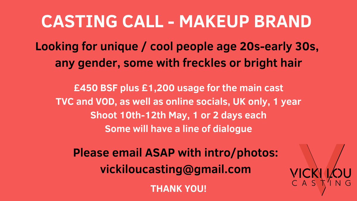 CASTING CALL 
Unique / cool people age 20s-early 30s, any gender, some with freckles or bright hair, for makeup brand
£450 BSF + £1.2 usage for main cast
Shoot 10th-12th May, 1 or 2 days each
Please email vickiloucasting@gmail.com with an intro &amp; photos
Thank you! x