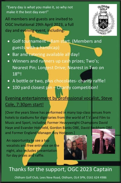 Be there and join the fun <a href="/OldhamGolfClub/">Oldham Golf Club</a> 
#captainsinvitational 
#thefriendlyclub 👍🏼⛳️
#vocalist #stevecole 🎵🎉